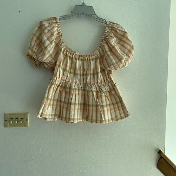 NWT BP beige and pink plaid short sleeve top Size S 100% cotton - Picture 4 of 7